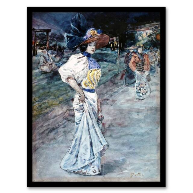 Artery8 Henry Somm Elegant in a Japanese Garden Watercolour Framed Art Print in Blue - Size: A4 - image 1