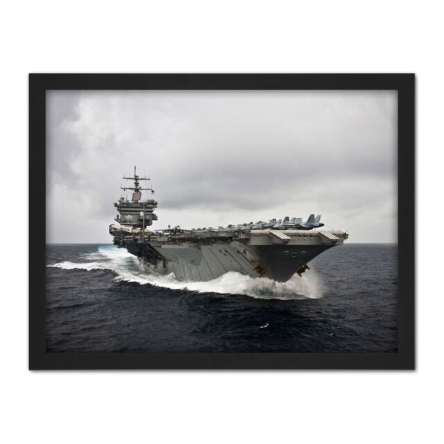 "Artery8 Wall Art Print Military USA Navy USS Enterprise Aircraft Carrier Photo Large Framed Wall Décor Art in White - Size: W18"" x H24""" - image 1