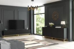 Mex Furniture LTD Set of 2 White Fluted Sideboards 200cm Gold Base - Double Storage Unit in Black - thumbnail 9