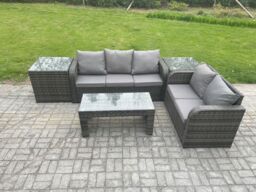 Fimous Rattan Wicker Garden Furniture Patio Conservatory Sofa Set with Rectangular Coffee Table Reclining Chair 2 Side Tables in Dark Grey - thumbnail 1