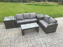 Fimous Rattan Wicker Garden Furniture Patio Conservatory Sofa Set with Rectangular Coffee Table Reclining Chair 2 Side Tables in Dark Grey - thumbnail 2