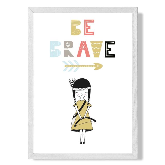 ARTZE Cute Colourful Be Brave Little Scandi Quote Framed Print SIZE: A4 with White Frame in Pale Blue - image 1