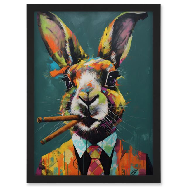 Artery8 Rabbit with Cheroot Cigars Wearing Suit Modern Artwork Framed Wall Art Print A4 in Black - image 1