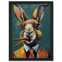 Artery8 Rabbit with Cheroot Cigars Wearing Suit Modern Artwork Framed Wall Art Print A4 in Black - thumbnail 1