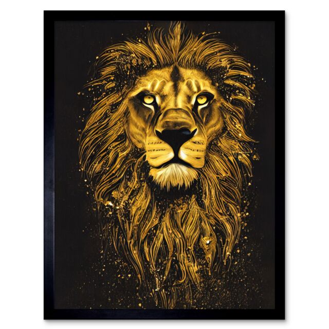 "Artery8 Wall Art Print King Of The Pride Male Lion Golden Mane Painting Gustav Dore Style Black & Gold Art Framed - Size: W12"" x H16""" - image 1