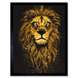 "Artery8 Wall Art Print King Of The Pride Male Lion Golden Mane Painting Gustav Dore Style Black & Gold Art Framed - Size: W12"" x H16""" - thumbnail 1