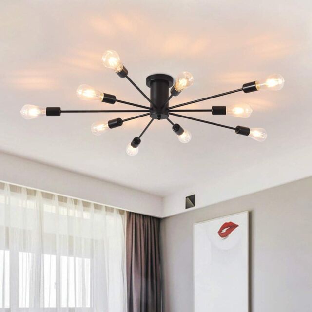 Garwarm 10-Light Sputnik Semi Flush Mount Industrial Chandelier for Living Room Kitchen Island Bedroom in Black - image 1