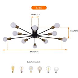 Garwarm 10-Light Sputnik Semi Flush Mount Industrial Chandelier for Living Room Kitchen Island Bedroom in Black - thumbnail 6