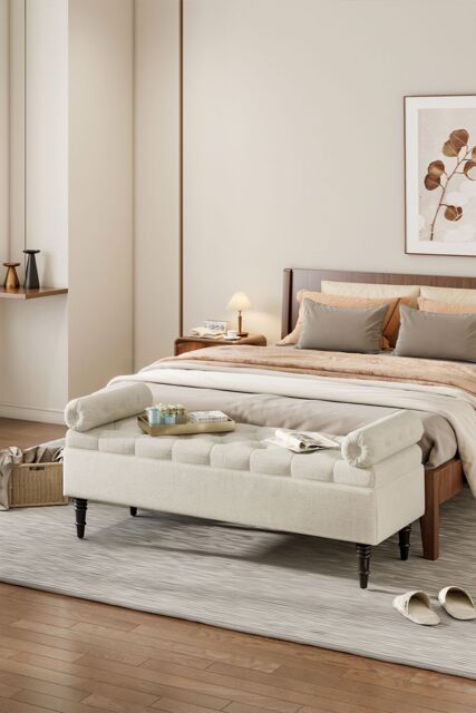Living and Home Tufted Flip Top Storage Bench with Side Arms Beige - image 1