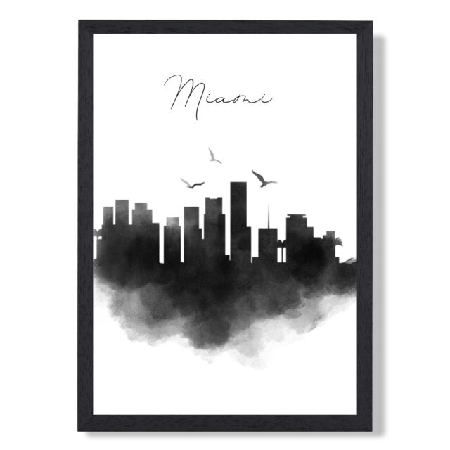 ARTZE Miami Watercolour Skyline City Framed Print SIZE: A2 with Black Frame - image 1