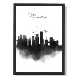 ARTZE Miami Watercolour Skyline City Framed Print SIZE: A2 with Black Frame - thumbnail 1