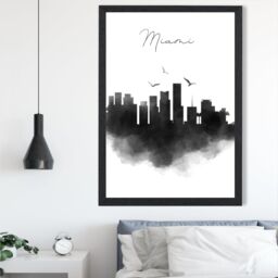 ARTZE Miami Watercolour Skyline City Framed Print SIZE: A2 with Black Frame - thumbnail 2