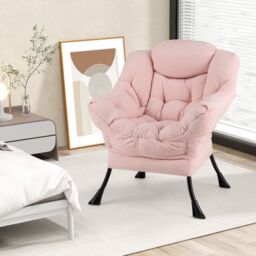 Gymax Large Lazy Chair Sherpa Upholstered Accent Chair with Head Pillow-Pink in Pink - thumbnail 3