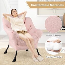 Gymax Large Lazy Chair Sherpa Upholstered Accent Chair with Head Pillow-Pink in Pink - thumbnail 6