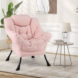 Gymax Large Lazy Chair Sherpa Upholstered Accent Chair with Head Pillow-Pink in Pink - thumbnail 5