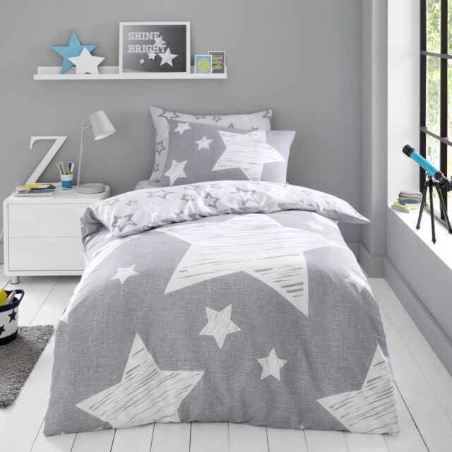 Smart Living Kids Printed Polycotton Duvet Cover or Fitted Sheet With Pillowcases - Superstar in Grey - Size: Double Fitted - image 1