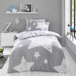 Smart Living Kids Printed Polycotton Duvet Cover or Fitted Sheet With Pillowcases - Superstar in Grey - Size: Double Fitted