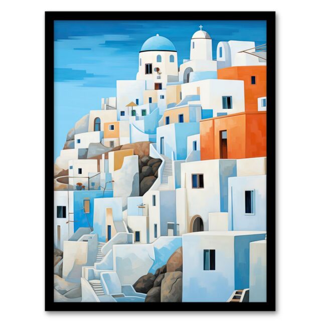Artery8 Santorini Greece Watercolour Painting Whitewashed Buildings Of Greek Island In Aegean Sea Art Print Framed Poster Wall Decor - image 1
