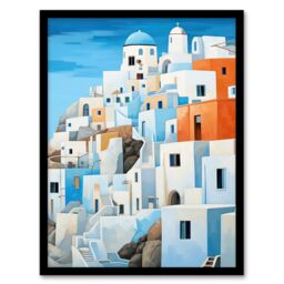 Artery8 Santorini Greece Watercolour Painting Whitewashed Buildings Of Greek Island In Aegean Sea Art Print Framed Poster Wall Decor - thumbnail 1