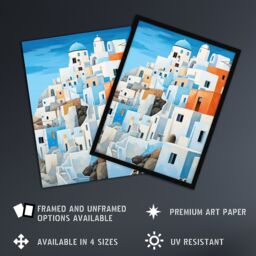 Artery8 Santorini Greece Watercolour Painting Whitewashed Buildings Of Greek Island In Aegean Sea Art Print Framed Poster Wall Decor - thumbnail 2