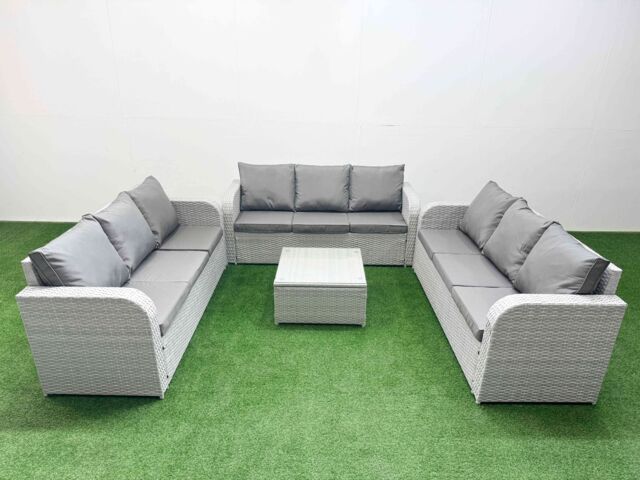 Fimous PE Rattan Lounge Sofa Set 9 Seater Outdoor Garden Furniture Set with Square Coffee Table 3 Seater Sofa Light Grey - image 1