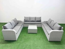 Fimous PE Rattan Lounge Sofa Set 9 Seater Outdoor Garden Furniture Set with Square Coffee Table 3 Seater Sofa Light Grey - thumbnail 1