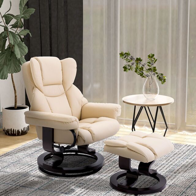 HOMCOM Padded PU Leather Manual Reclining Armchair Sofa Chair w/ Footstool in Cream - image 1