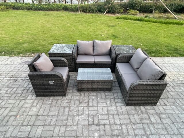 Fimous High Back Rattan Garden Furniture Set w/ Loveseat Sofa Rectangular Coffee Table 2 Side Tables Indoor Outdoor Patio Lounge Sofa Set Dark Grey - image 1