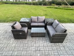 Fimous High Back Rattan Garden Furniture Set w/ Loveseat Sofa Rectangular Coffee Table 2 Side Tables Indoor Outdoor Patio Lounge Sofa Set Dark Grey - thumbnail 1