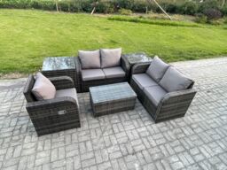 Fimous High Back Rattan Garden Furniture Set w/ Loveseat Sofa Rectangular Coffee Table 2 Side Tables Indoor Outdoor Patio Lounge Sofa Set Dark Grey - thumbnail 2