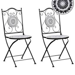 Wyld and Coco Folding Chairs Set 2 Black Iron Black and White Ceramic Tile Seats - thumbnail 2