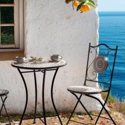 Wyld and Coco Folding Chairs Set 2 Black Iron Black and White Ceramic Tile Seats