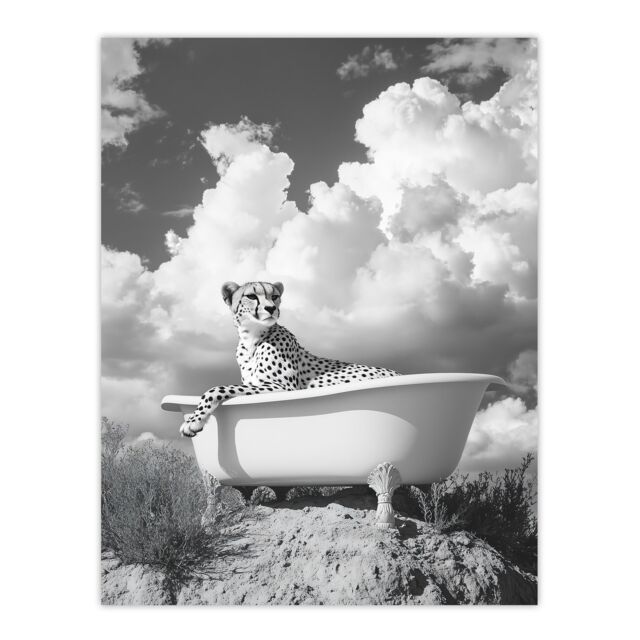 "Artery8 Cheetah in Bathtub Black White Desert Surreal Wall Art Print in Grey - Size: W24"" x H32""" - image 1