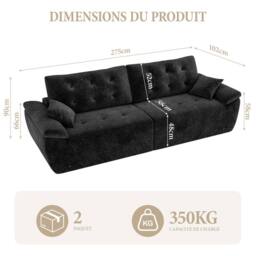 Dprodo 275CM Chenille 4 Seater Sofa, Deep Cushioned Modular Sectional Couches in Black - Size: 2 Pack - thumbnail 2