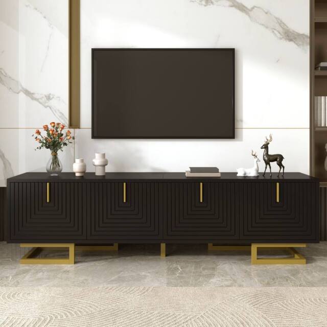 BTM TV Stand, Textured Doors, Gold Handles, Gold Legs in Black - image 1