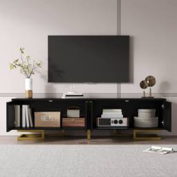 BTM TV Stand, Textured Doors, Gold Handles, Gold Legs in Black - thumbnail 9