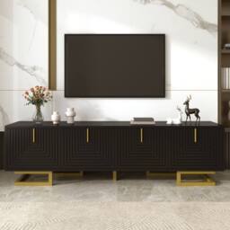 BTM TV Stand, Textured Doors, Gold Handles, Gold Legs in Black