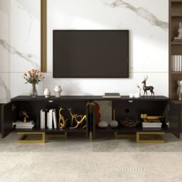 BTM TV Stand, Textured Doors, Gold Handles, Gold Legs in Black - thumbnail 2