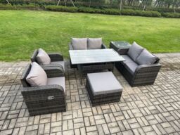 Fimous Rattan Outdoor Furniture Garden Dining Set Rectangular Table & Chair Sofa Set With Side Table Big Footstool in Dark Grey - thumbnail 2