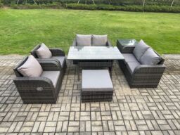 Fimous Rattan Outdoor Furniture Garden Dining Set Rectangular Table & Chair Sofa Set With Side Table Big Footstool in Dark Grey - thumbnail 1
