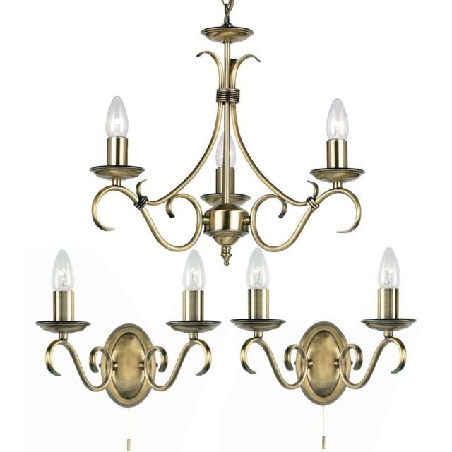 Loops 3 Lamp Ceiling & 2x Twin Wall Light Pack Antique Brass Vintage Matching Fittings in Metallics - image 1