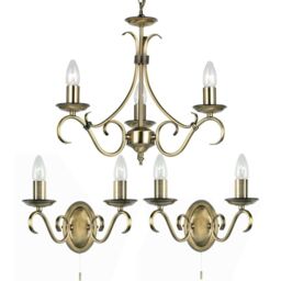 Loops 3 Lamp Ceiling & 2x Twin Wall Light Pack Antique Brass Vintage Matching Fittings in Metallics - thumbnail 1