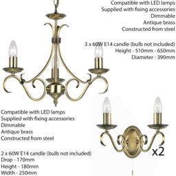 Loops 3 Lamp Ceiling & 2x Twin Wall Light Pack Antique Brass Vintage Matching Fittings in Metallics - thumbnail 2