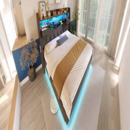 Rolipo Grey Linen King Size Floating Bed with LED & Storage Headboard - thumbnail 3