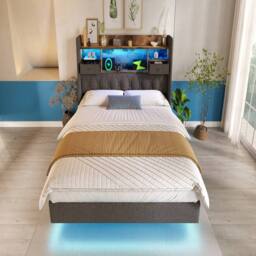 Rolipo Grey Linen King Size Floating Bed with LED & Storage Headboard - thumbnail 9