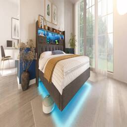 Rolipo Grey Linen King Size Floating Bed with LED & Storage Headboard - thumbnail 7
