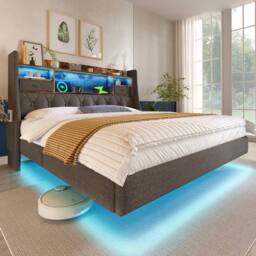 Rolipo Grey Linen King Size Floating Bed with LED & Storage Headboard - thumbnail 1