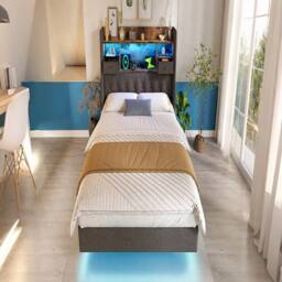 Rolipo Grey Linen King Size Floating Bed with LED & Storage Headboard - thumbnail 4