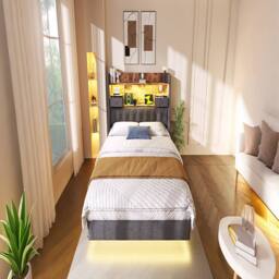 Rolipo Grey Linen King Size Floating Bed with LED & Storage Headboard - thumbnail 5