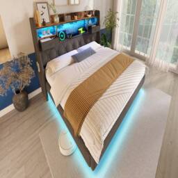 Rolipo Grey Linen King Size Floating Bed with LED & Storage Headboard - thumbnail 8